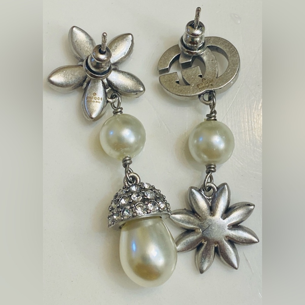 Mismatched Gucci 925 Silver Crystal & Pearl Asymmetrical Drop Earrings - Picture 2 of 6